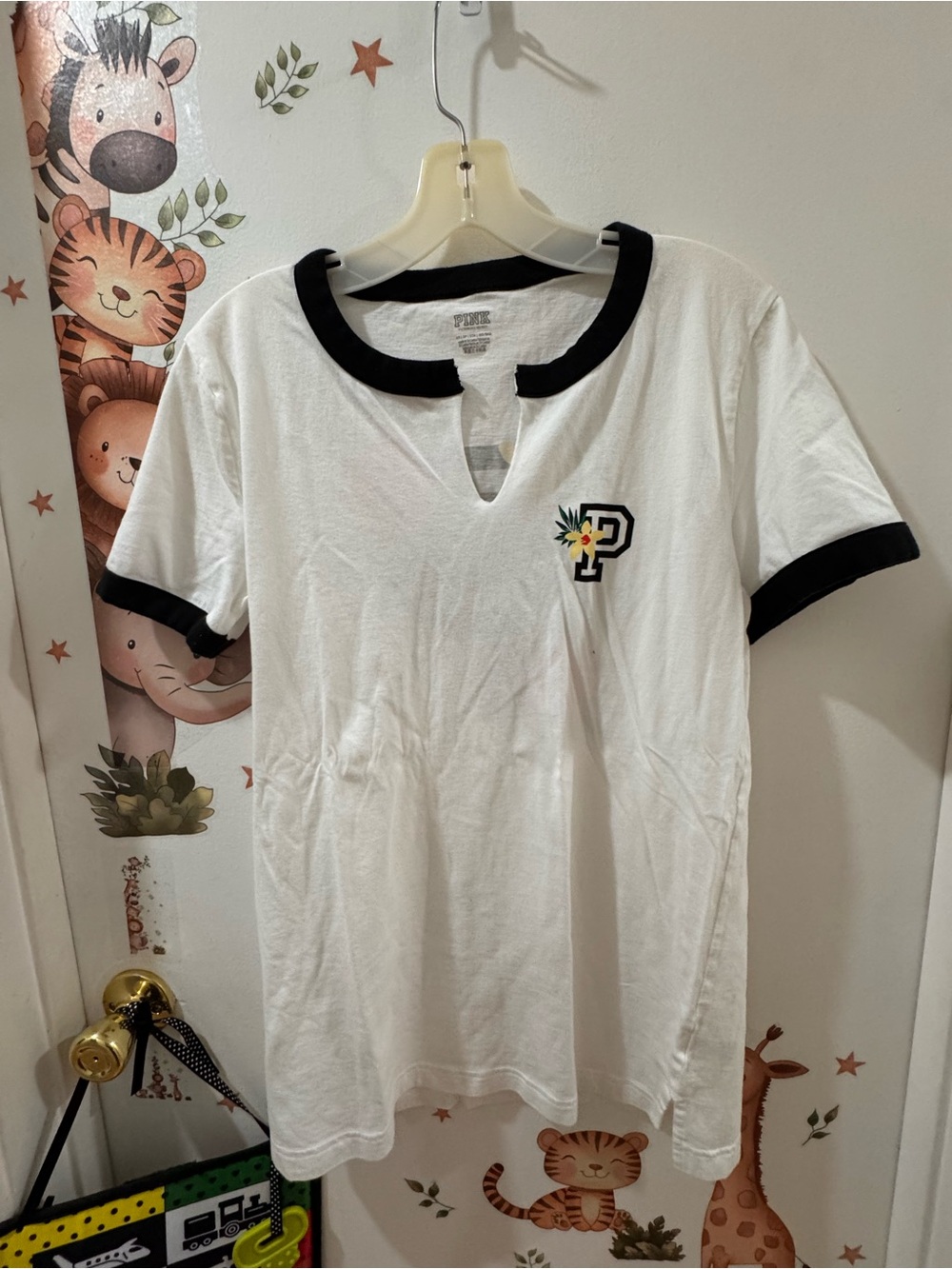 PINK Victoria's Secret White Tee with Black Trim and P Logo